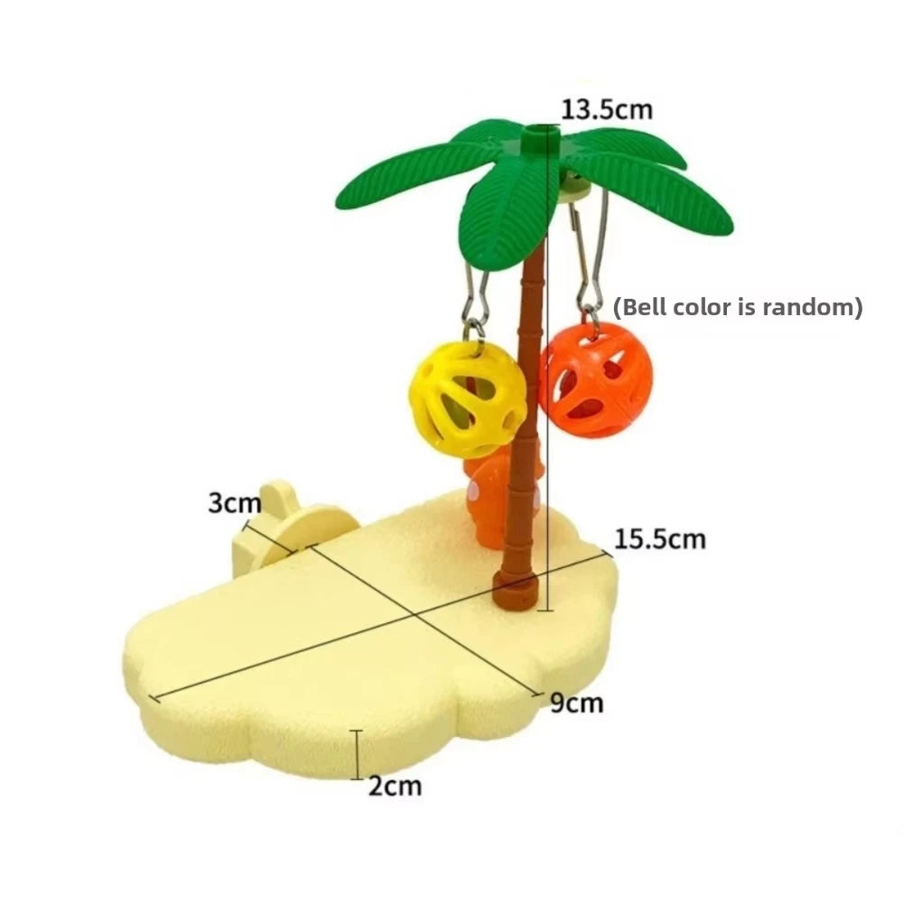 A tropical bird play perch featuring a palm tree with hanging toy balls and a yellow platform.