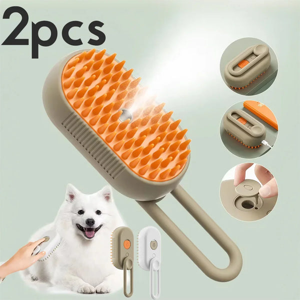 Two orange silicone pet grooming brushes are shown with a white dog, demonstrating hair removal and massage functions.