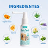 A bottle of Pet Oral Freshening Spray containing ingredients like talc, glycerol, and peppermint for dogs and cats.