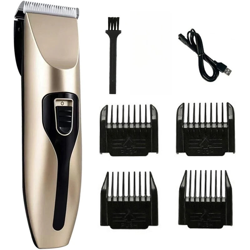 A set of cordless rechargeable pet grooming clippers for dogs, cats, and rabbits, shown with various attachments.