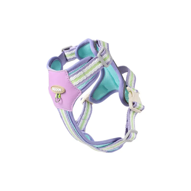 A purple and green adjustable dog harness with reflective straps.