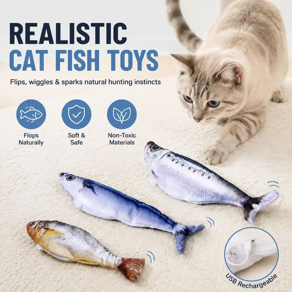 A tabby cat plays with a realistic cat fish toy, which is USB rechargeable.