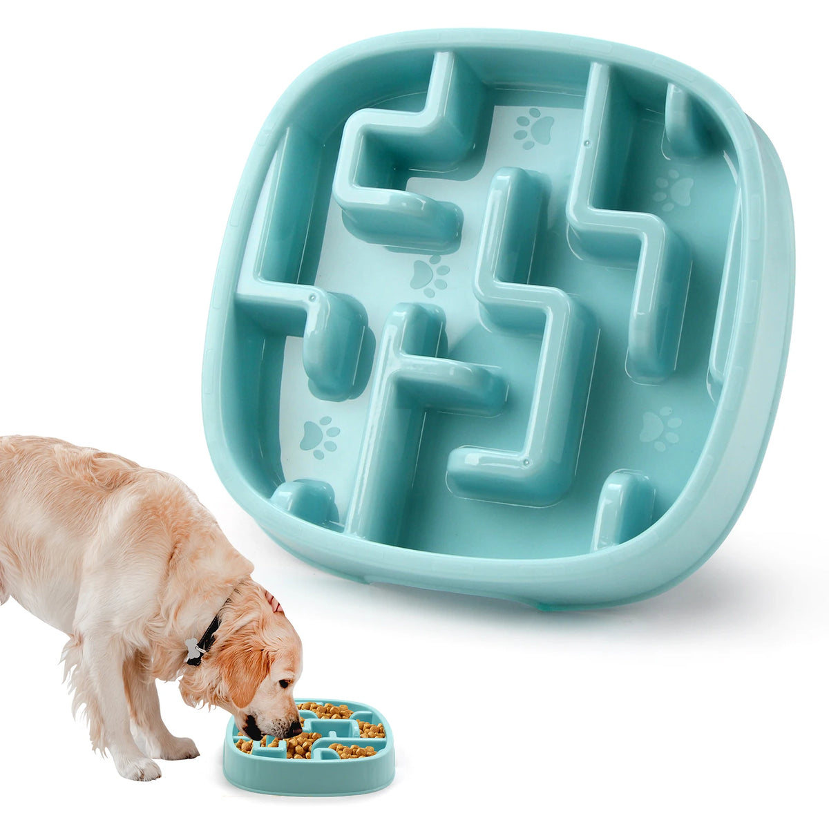 A teal anti-gulping slow feeder bowl for dogs and cats is shown with a dog eating kibble.