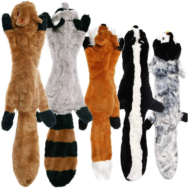 A collection of five plush dog toys in various colors and patterns including brown gray orange black and white