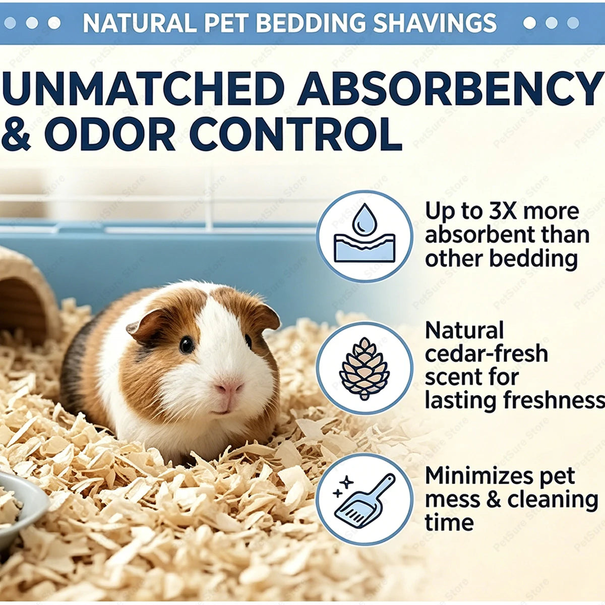 A brown and white guinea pig is shown nestled in natural wood chip bedding for pet bedding shavings.