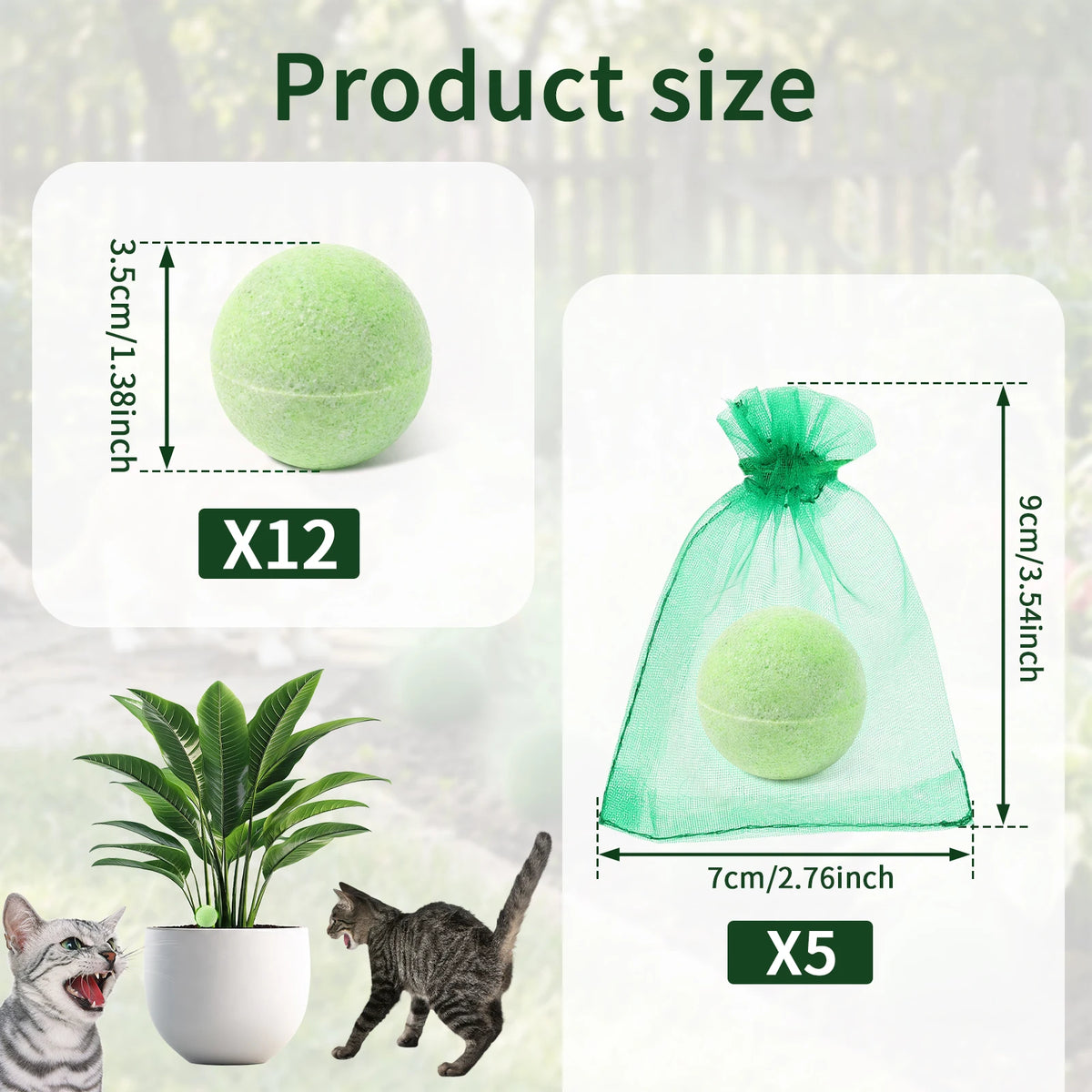Image showing natural cat repellent balls, with a size comparison of 3.5cm/1.38inch and a 7cm/2.76inch package.