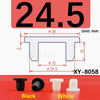 Black and white silicone rubber hole plugs shown with dimensional markings for various sizes