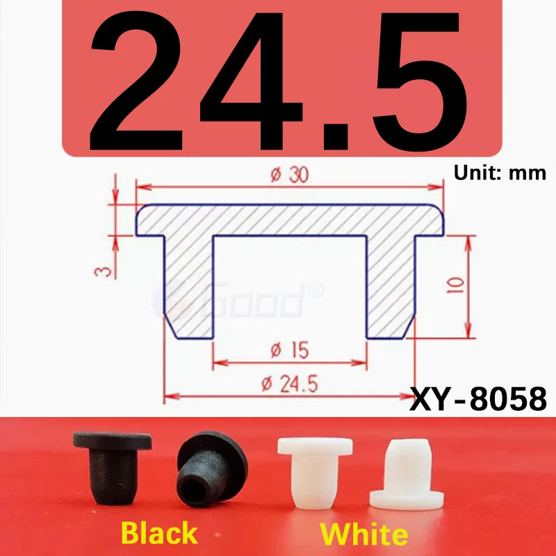 Black and white silicone rubber hole plugs shown with dimensional markings for various sizes