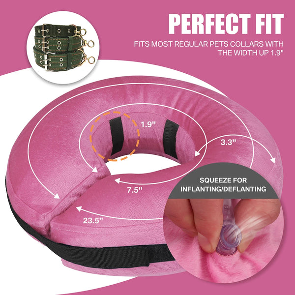 Pink inflatable pet recovery collar with a 1.9 inch width shown next to a hand for scale