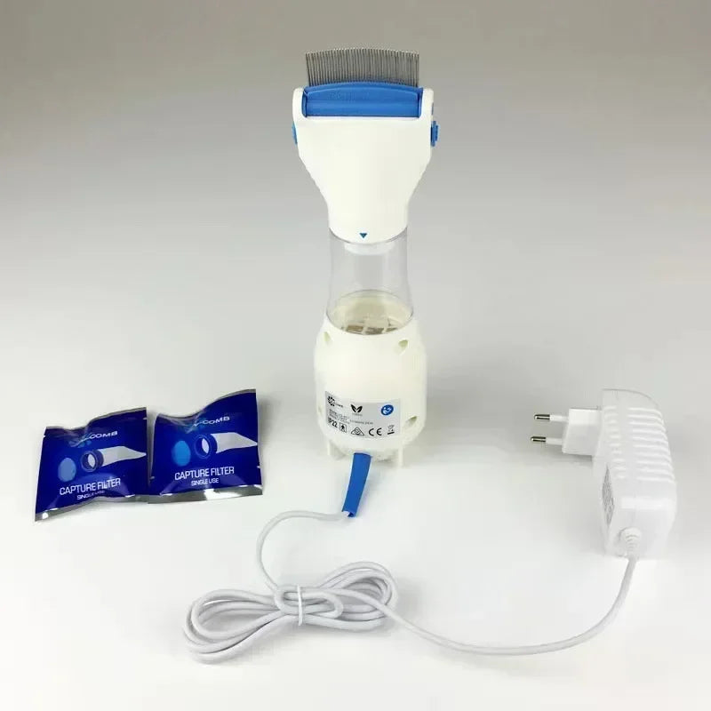 A white electric lice grabber comb with a blue brush and a clear bottle, connected by a white cord.