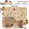 A box of Poplar Wood Bedding with loose wood chips, a small rodent, and a burlap sack labeled 1KG.