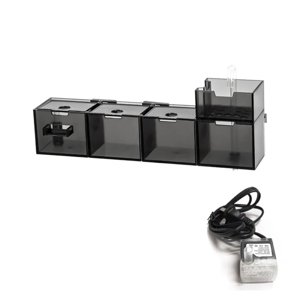 Black external aquarium filter unit with three compartments for water filtration and oxygenation