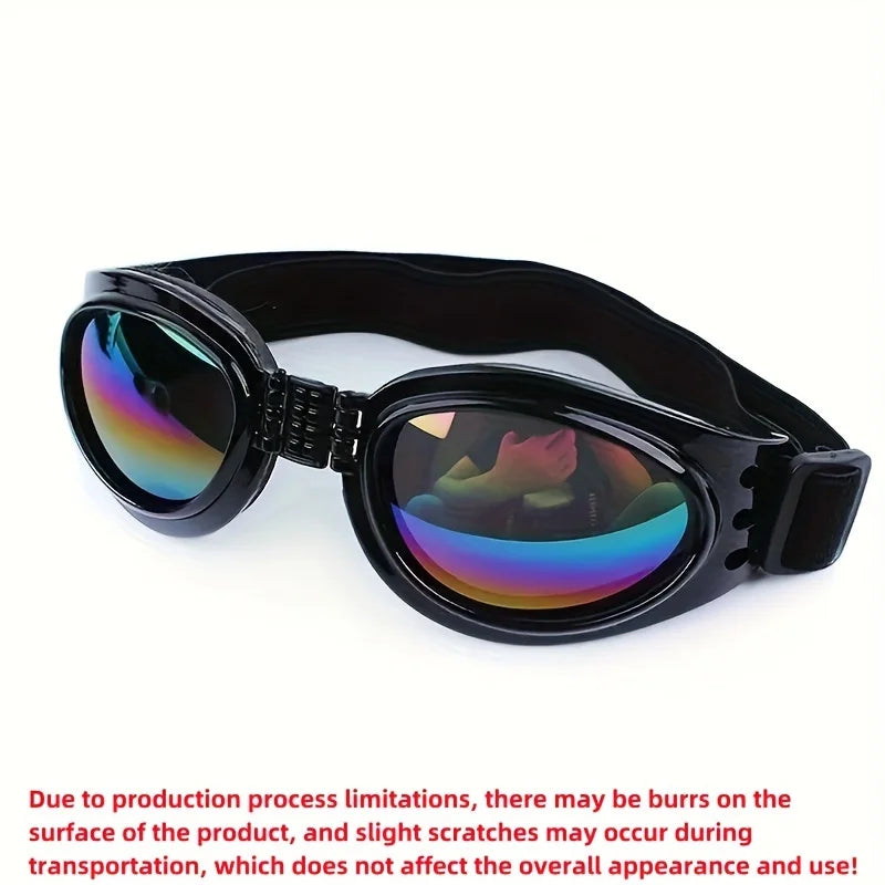 Black collapsible dog sunglasses with adjustable straps shown against a white background.