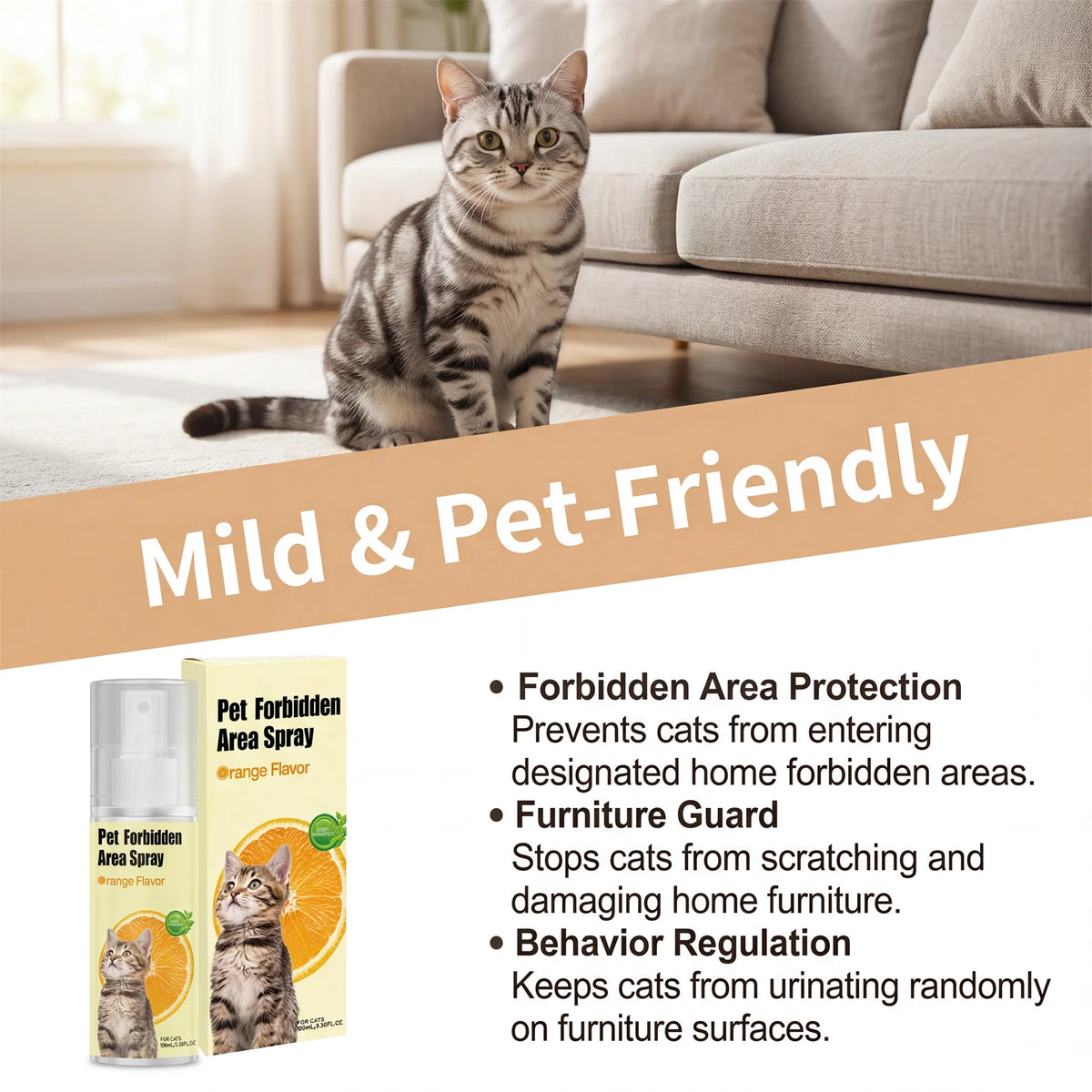 A bottle of Pet Forbidden Area Spray next to a domestic cat sitting on a sofa.