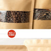 Reusable kraft paper zipper bags containing roasted coffee beans and seeds