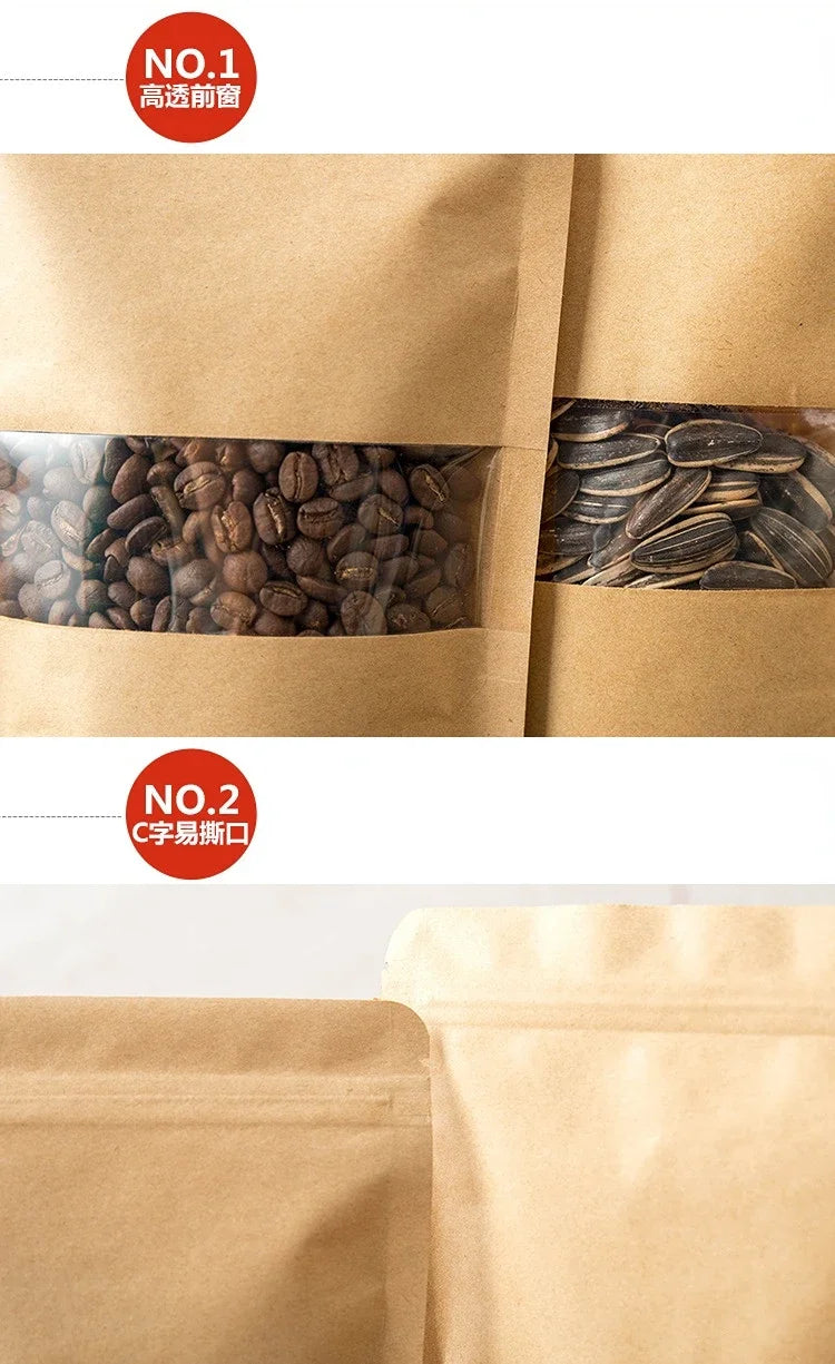 Reusable kraft paper zipper bags containing roasted coffee beans and seeds