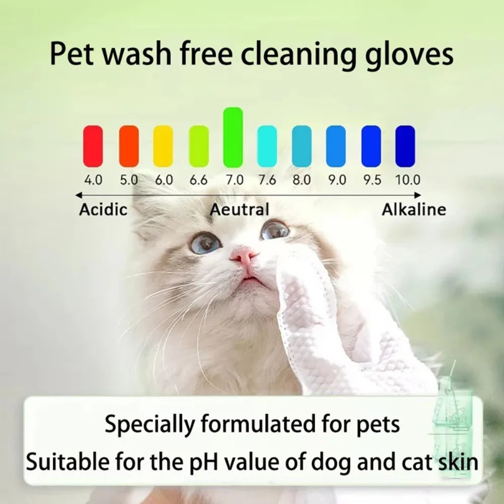 A cat is holding a pink pet wash free cleaning glove and tissue for skin care.
