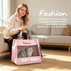 A woman holds a pink mesh pet bag designed for cats and small dogs in a bright living room setting.