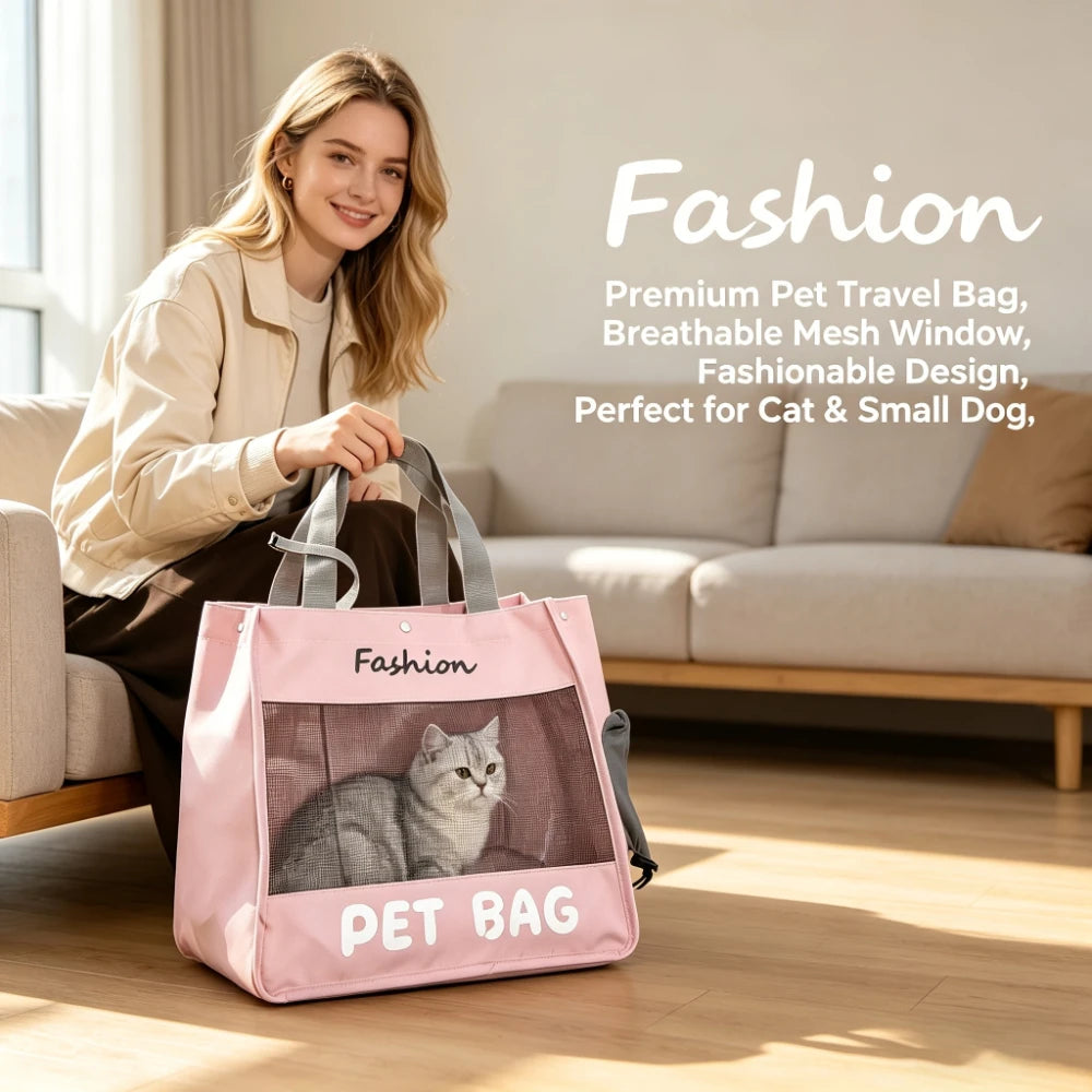 A woman holds a pink mesh pet bag designed for cats and small dogs in a bright living room setting.