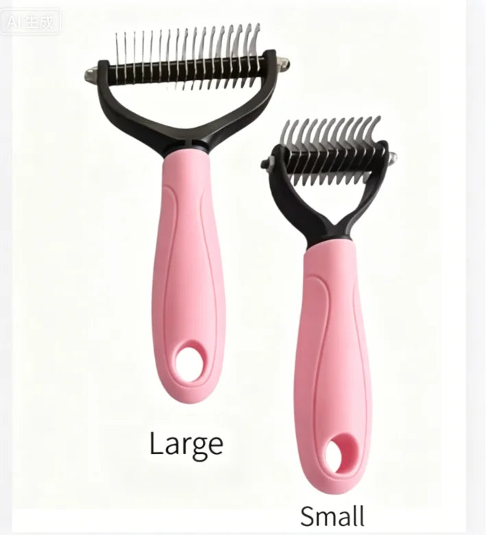 A pair of pink stainless steel pet grooming combs, labeled large and small.