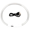 A clear, flexible LED dog collar with a white base and USB charging connector.