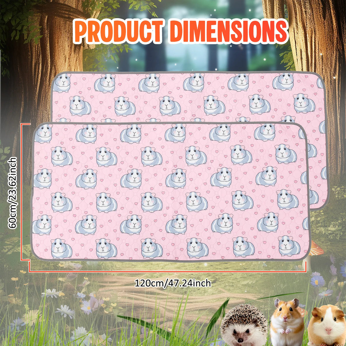 Pink patterned reusable absorbent cage liner for guinea pigs and small pets shown in a natural outdoor setting