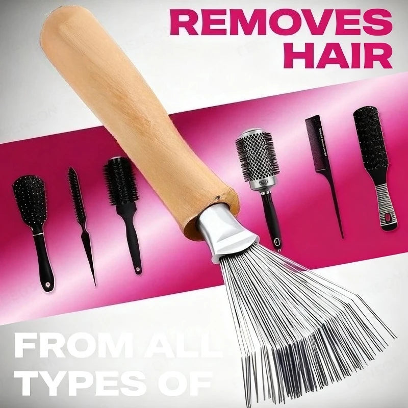 A wooden hairbrush cleaner with bristles is shown alongside various hair tools, demonstrating its ability to remove hair.