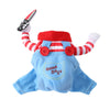 A blue dog costume featuring a red collar and striped arms with a pink Halloween-themed accessory.