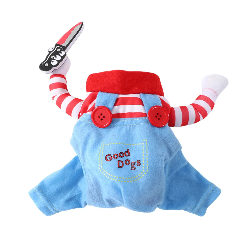 A blue dog costume featuring a red collar and striped arms with a pink Halloween-themed accessory.