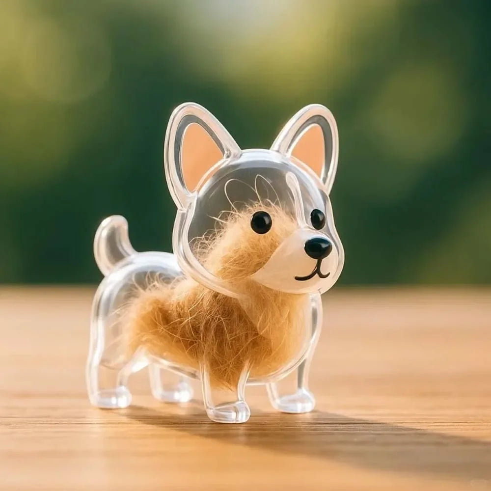 Llavero de perro de silicona transparente con pelaje marrón y orejas grandes, sentado sobre una superficie de madera.