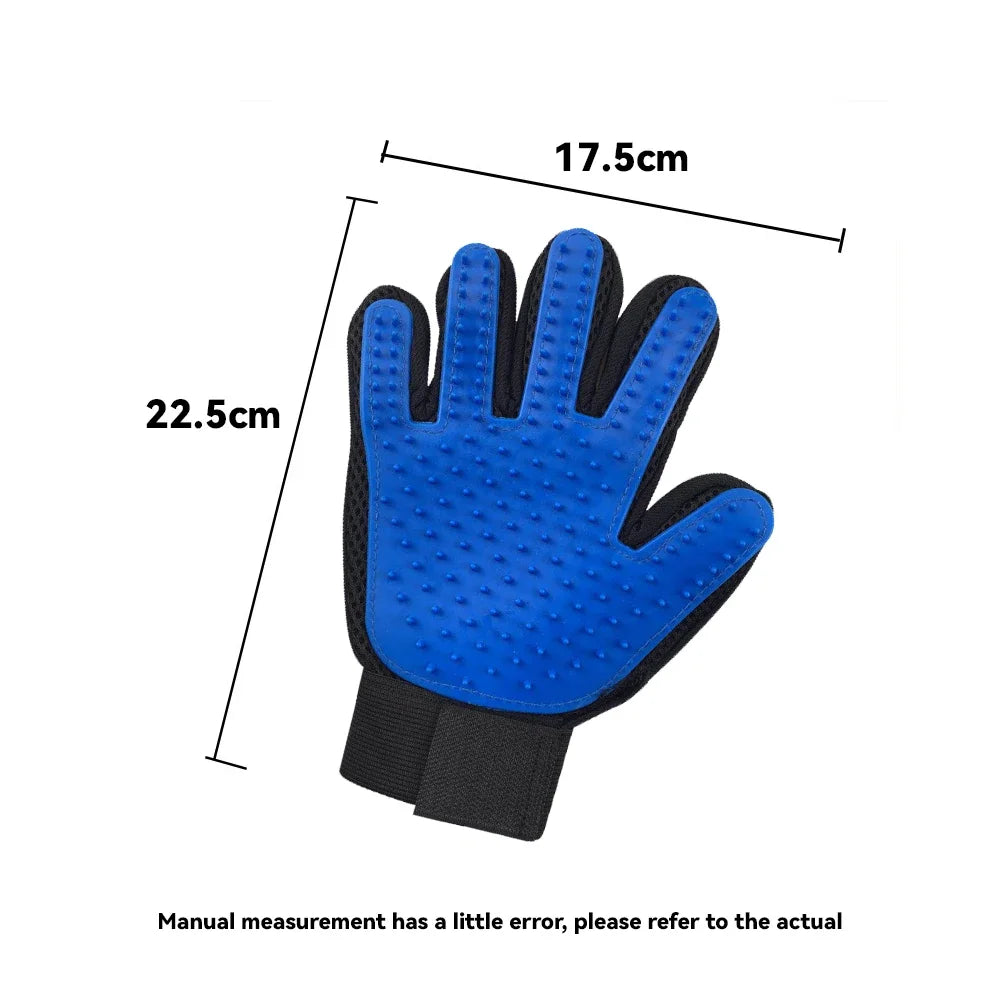 Blue silicone pet grooming gloves for cats and dogs shown with dimensions.