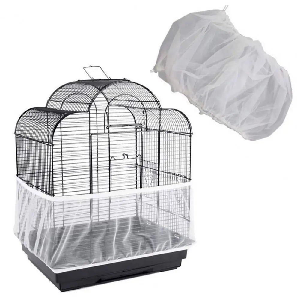 A clear wire bird cage with a mesh skirt and a translucent plastic cover for catching seeds.