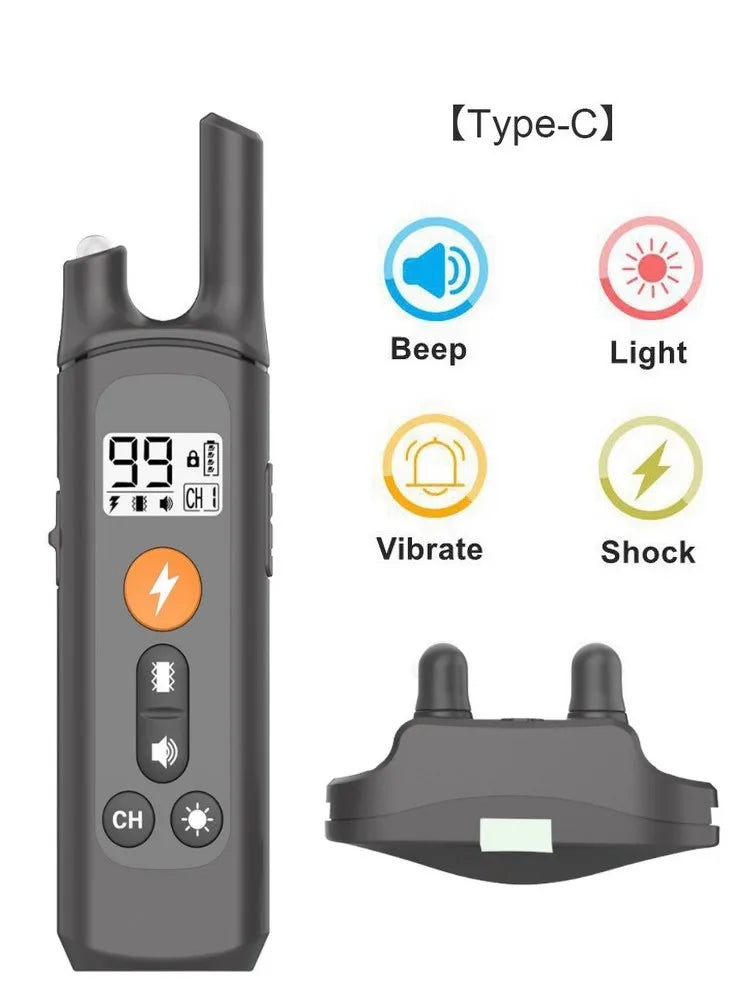 A black electric dog training collar with buttons for beep, light, vibrate, and shock functions.