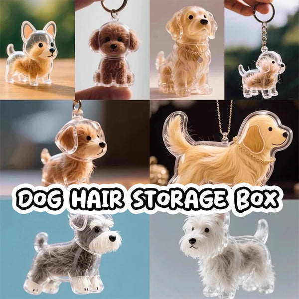 A collection of puppy hair memorial keychains and a clear dog hair storage box.