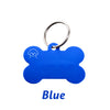 A bright blue bone-shaped dog ID tag with a silver keyring.