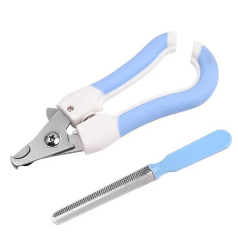 Stainless steel pet nail clippers with light blue handles and silver blades