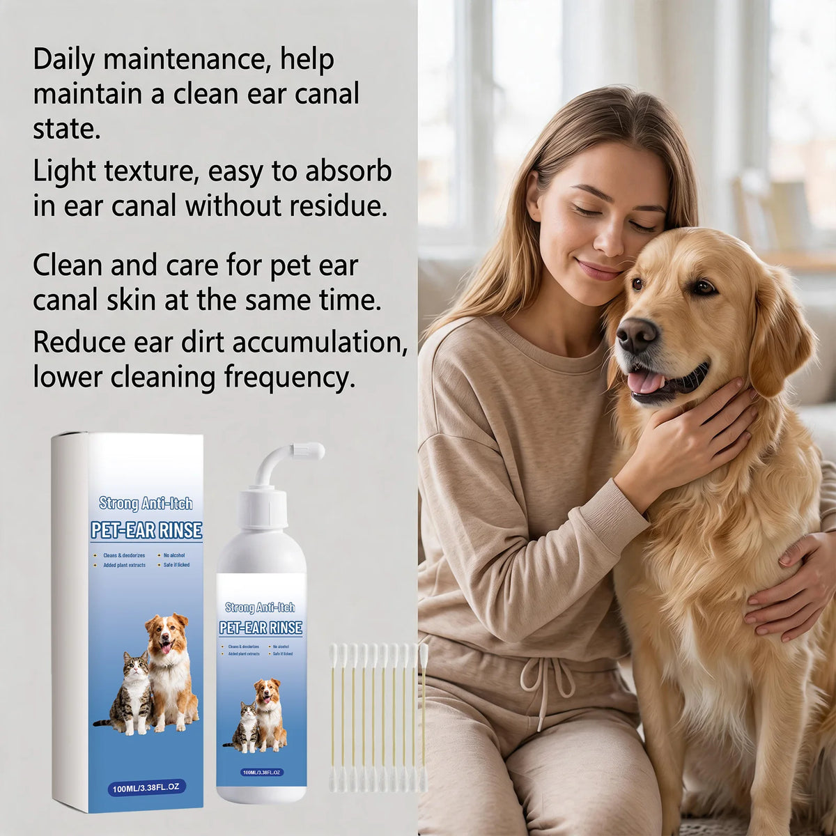 Eine Frau reinigt sanft das Ohr eines Hundes mit einer Flasche Pet Ear Rinse Lösung für Hunde und Katzen.