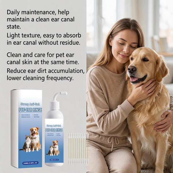 A woman gently cleans a dog's ear with a bottle of Pet Ear Rinse solution for dogs and cats.