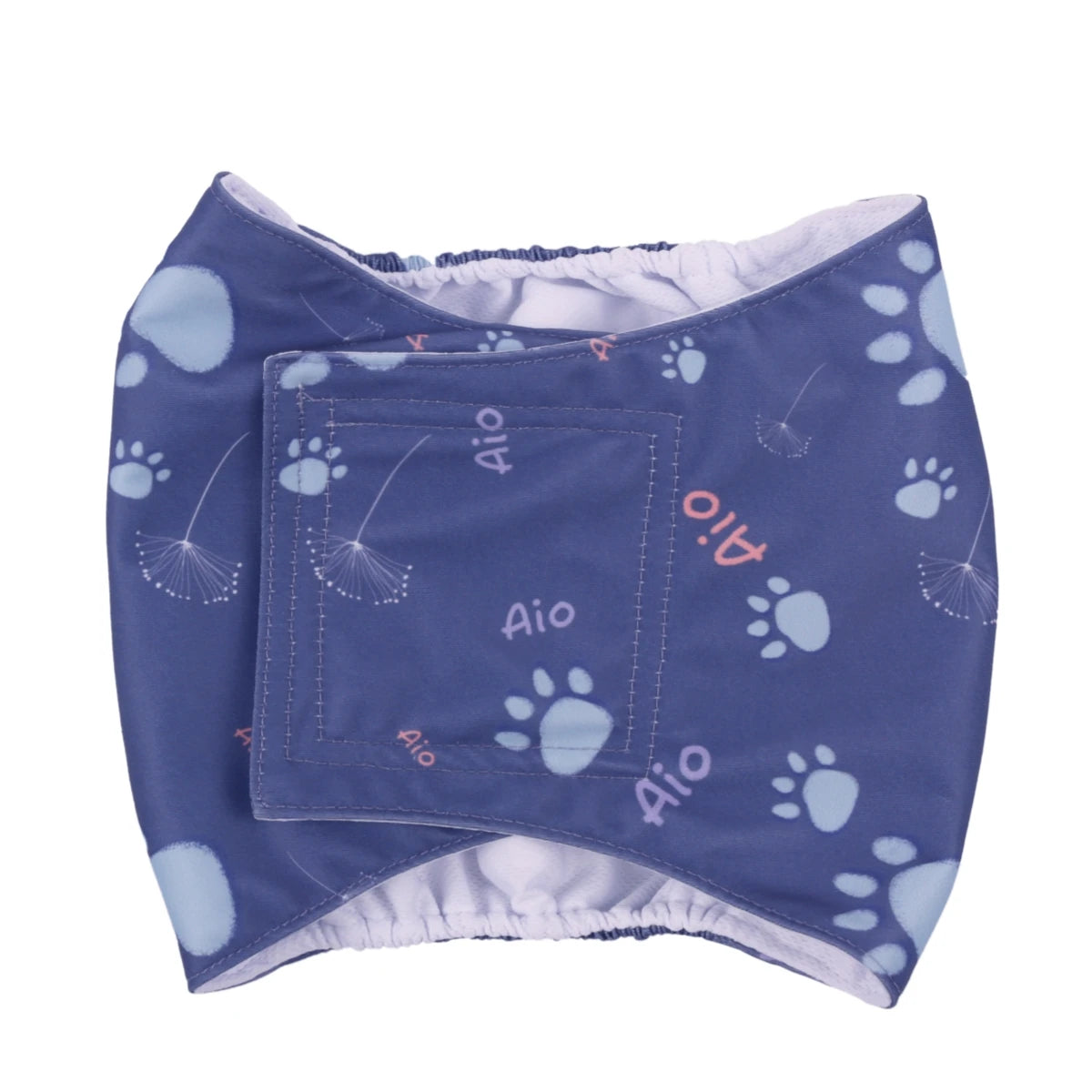 A purple washable dog sanitary wrap featuring paw prints and the brand name Aio.