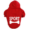 A red cozy fleece dog hoodie with a large white bone graphic.