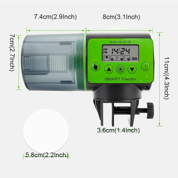 Un distributeur automatique à poisson vert avec affichage numérique et mécanisme d'alimentation, avec différentes dimensions 