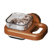 A transparent hanging bird feeder box with a brown plastic base and handle.