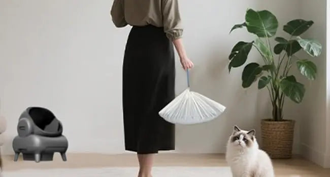 A person is holding a white drawstring bag of cat litter box liners while standing in a room with a potted plant and a litter