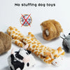 A collection of five crinkle squeaky dog toys, including a giraffe and a cow, displayed on a white background.
