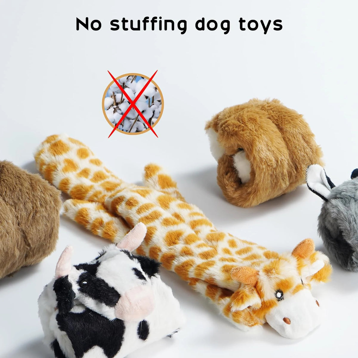 A collection of five crinkle squeaky dog toys, including a giraffe and a cow, displayed on a white background.