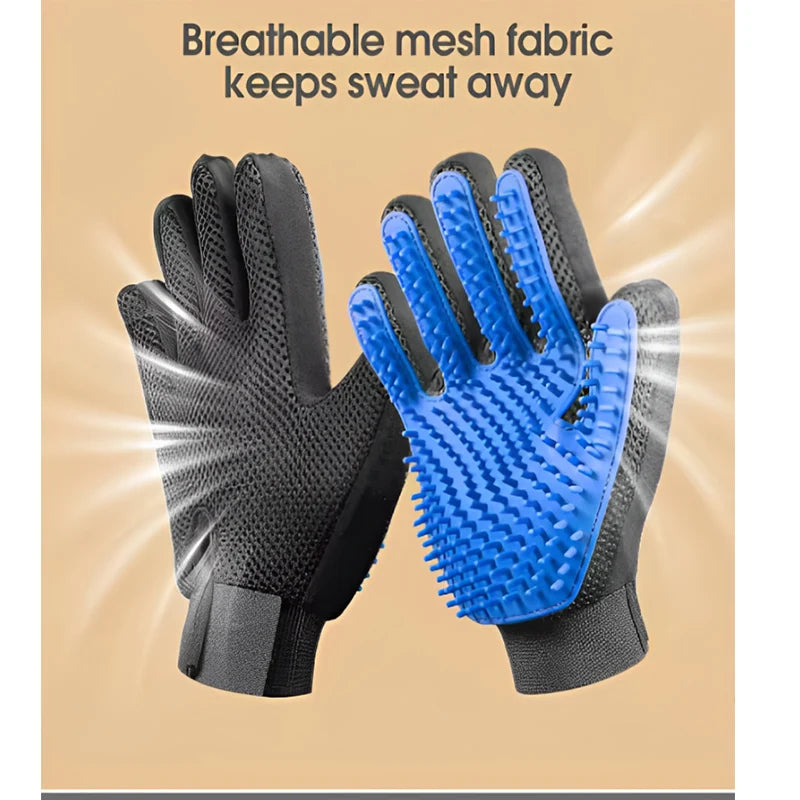 Ein Paar blauer Silikon-Tierhaarkamm und Massage-Handschuhe
