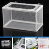 A clear plastic aquarium fish breeding isolation box with a mesh top and bottom, shown in various angles.