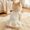 Un chien crème duveteux portant une robe tricotée blanche avec des détails de cœurs roses, assis sur un tapis clair.