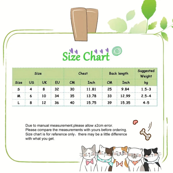 Size chart for a comfortable adjustable cat recovery suit showing measurements for sizes S, M, and L.