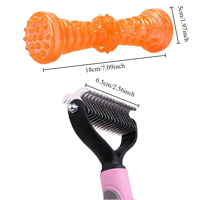 Orange stainless steel dematting comb for cats and dogs shown with dimensions.